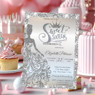 Silber Glitter Kleid, Tiara Funkeln Sweet 16  Einladung