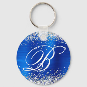 Silber Glitter Königlich Blau Folie Fancy Monogram Schlüsselanhänger