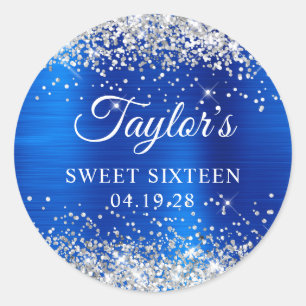 Silber Glitter Königlich Blau Folie Sweet Sixteen Runder Aufkleber