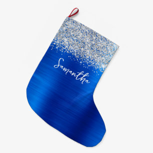 Silber Glitter Königlich Blau Glam Name Großer Weihnachtsstrumpf