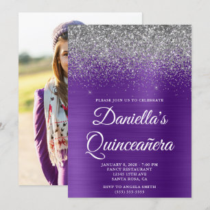 Silber Glitter Königliches Lila Foto Quinceañera Einladung