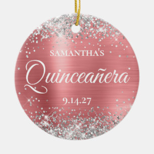 Silber Glitter Korallen Glam Quinceañera Foto Keramik Ornament