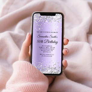Silber Glitter Lavendel Satin 50. Geburtstag Einladung