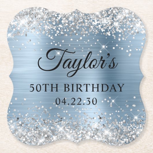 Silber Glitter Light Blau Folie 50. Geburtstag Untersetzer (Vorderseite)