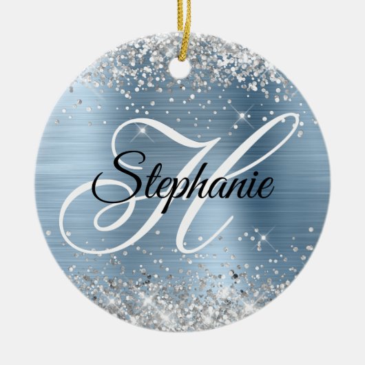 Silber Glitter Light Blau Folie Fancy Monogramm Keramik Ornament (Vorne)
