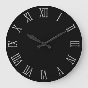 Silber-Glitter-Look-Kühne-Römische-Ziffern-Schwarz Große Wanduhr