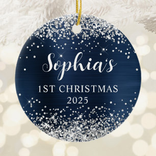 Silber Glitter Marineblau Folie 1. Weihnachten Fot Keramik Ornament