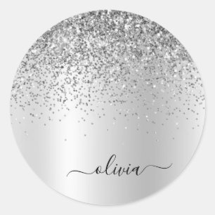 Silber Glitter Metall Monogramm Glam Name Runder Aufkleber