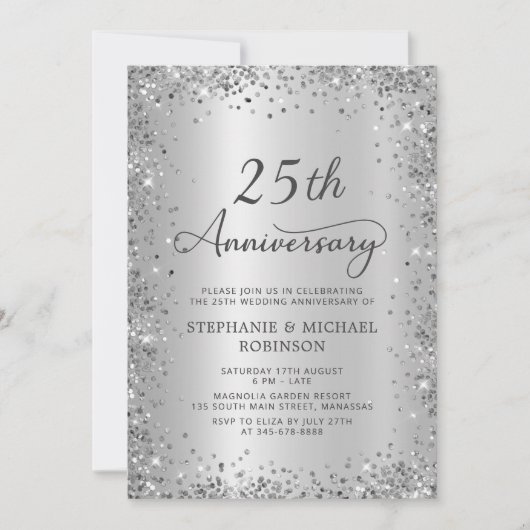 Silber Glitter Metallic 25. Hochzeitstag Einladung (Vorderseite)