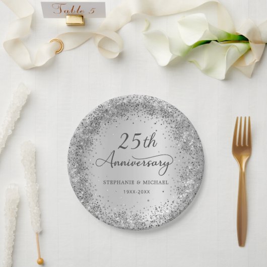 Silber Glitter Metallic 25. Hochzeitstag Pappteller (Hochzeit)