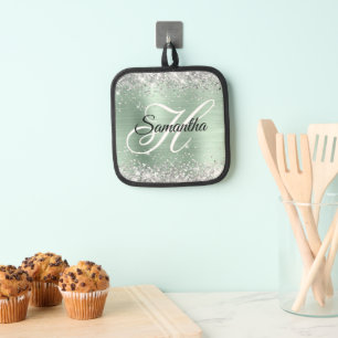 Silber Glitter Mint Grün Folie Fancy Monogramm Topflappen
