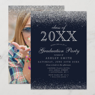 Silber Glitter Navy Blau Foto Abschluss Einladung