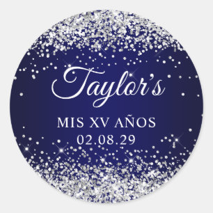 Silber Glitter Navy Blau Mis XV Anos Runder Aufkleber