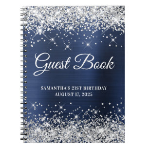 Silber Glitter Navy Folie 21. Geburtstag Gästebuch Notizblock