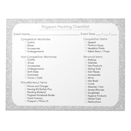 Silber-Glitter-Pageant-Packliste Notizblock (Vorderseite)