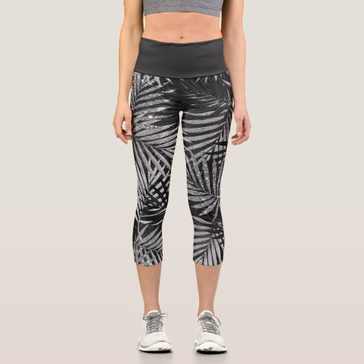 Silber Glitter Palmenbaum Schwarz Modern Abstract  Capri Leggings (Vorderseite)