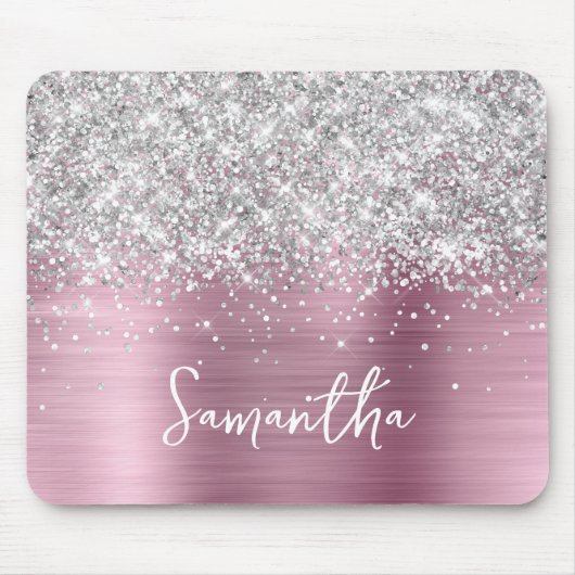 Silber Glitter Pink Glam Name Mousepad (Vorne)
