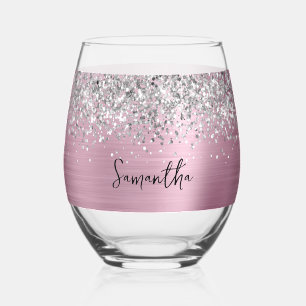 Silber Glitter Pink Glam Name Weinglas Ohne Stiel