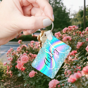 Silber Glitter Regenbogen Welle Aqua Ombre Monogra Schlüsselanhänger