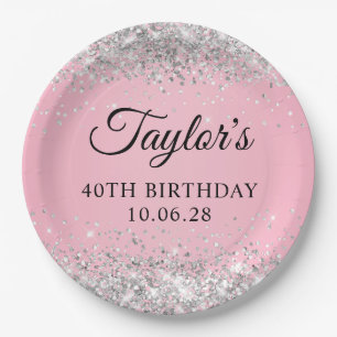 Silber Glitter Rosa 40. Geburtstag Pappteller
