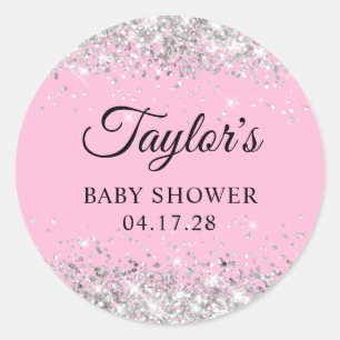 Silber Glitter Rosa Babyparty Runder Aufkleber