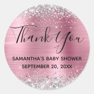Silber Glitter Rosa Folie Baby Shower Danke Runder Aufkleber