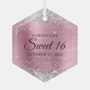 Silber Glitter Rosa Folie Sweet 16 Ornament Aus Glas