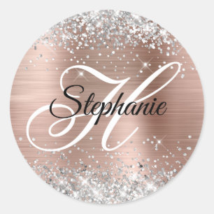 Silber Glitter Rose Gold Folie Fancy Monogramm Runder Aufkleber