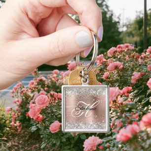 Silber Glitter Rose Gold Folie Fancy Monogramm Schlüsselanhänger