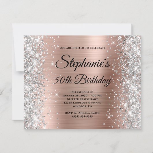 Silber Glitter Rose Gold Folie Monogramm 50. Gebur (Vorderseite)