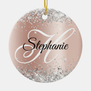 Silber Glitter Rose Gold Schimmer Fancy Monogramm Keramik Ornament