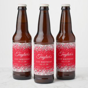 Silber Glitter Rot 21. Geburtstag Bierflaschenetikett