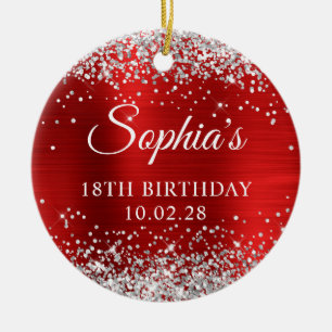 Silber Glitter Rot Faux Folie 18. Geburtstag Foto Keramik Ornament