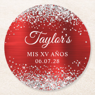 Silber Glitter Rot Folie Mis XV Anos Geburtstag Runder Pappuntersetzer