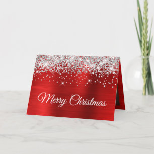 Silber Glitter Rot Frohe Weihnachten Familienfoto Karte