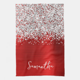Silber Glitter Rot Glam Name Geschirrtuch