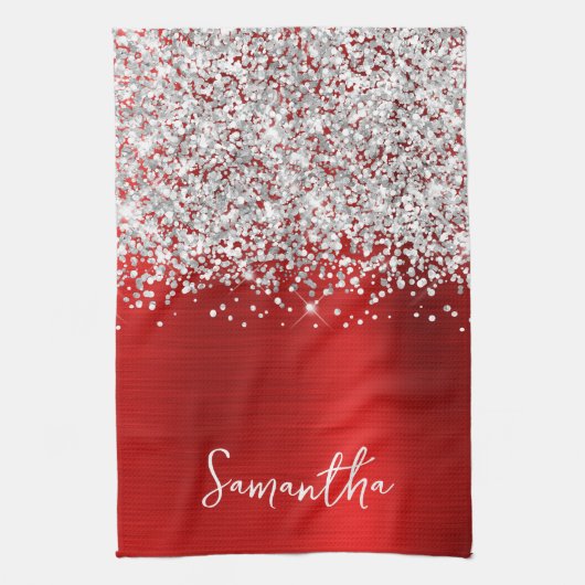 Silber Glitter Rot Glam Name Geschirrtuch (Vertikal)