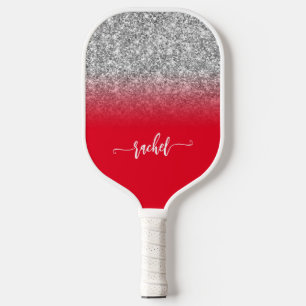 Silber-Glitter Rot Ombre Moderne Schrift Pickleball Schläger