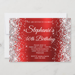 Silber Glitter Rot Weiß Monogramm 40. Geburtstag Einladung