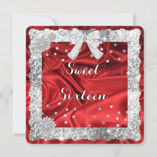 Silber-Glitter, rote Satin Sweet Sixteen Einladung