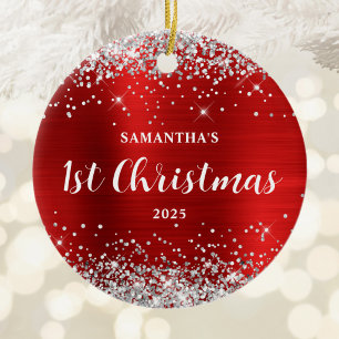 Silber Glitter Roter Folie 1. Weihnachten Keramik Ornament