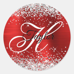 Silber-Glitter Roter Folien-Fancy-Monogramm Runder Aufkleber