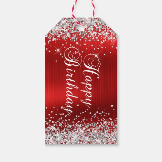 Silber-Glitter Roter Folien-Geburtstag Geschenkanhänger (Vorderseite)