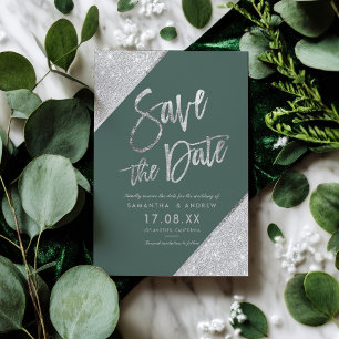 Silber-Glitter-Schrift Smaragdgrün Save-the-Date-K Ankündigungspostkarte