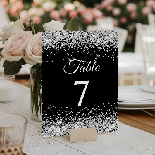 Silber Glitter Schwarz Elegante Kalligrafie Tischnummer