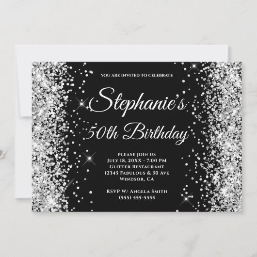 Silber Glitter Schwarz Fancy Monogramm Einladung (Vorderseite)