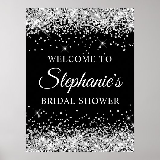 Silber Glitter Schwarz Hochzeitsdusche Willkommen Poster (Vorne)