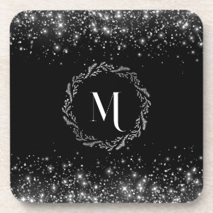 Silber-Glitter-Schwarz-Monogramm Getränkeuntersetzer