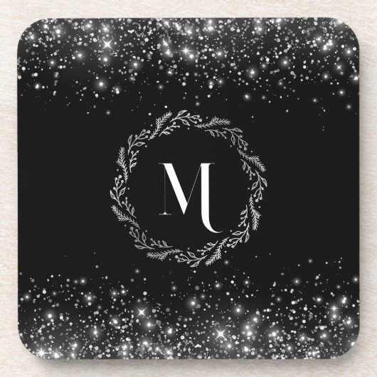 Silber Glitter Schwarz Monogramm Getränkeuntersetzer (Vorderseite)