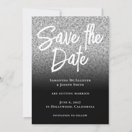 Silber Glitter Schwarz Ombre Save The Date (Vorderseite)